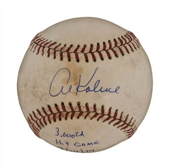 1974 Al Kaline Game Used, Signed and Inscribed Baseball From His 3,000th Career Hit Game - 9/24/1974 (MEARS and JSA)